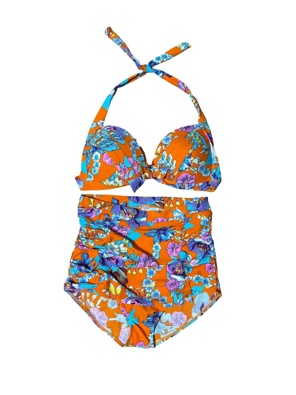 COCOSHIP Orange Floral Halter Bikini Two-Piece High-Waist